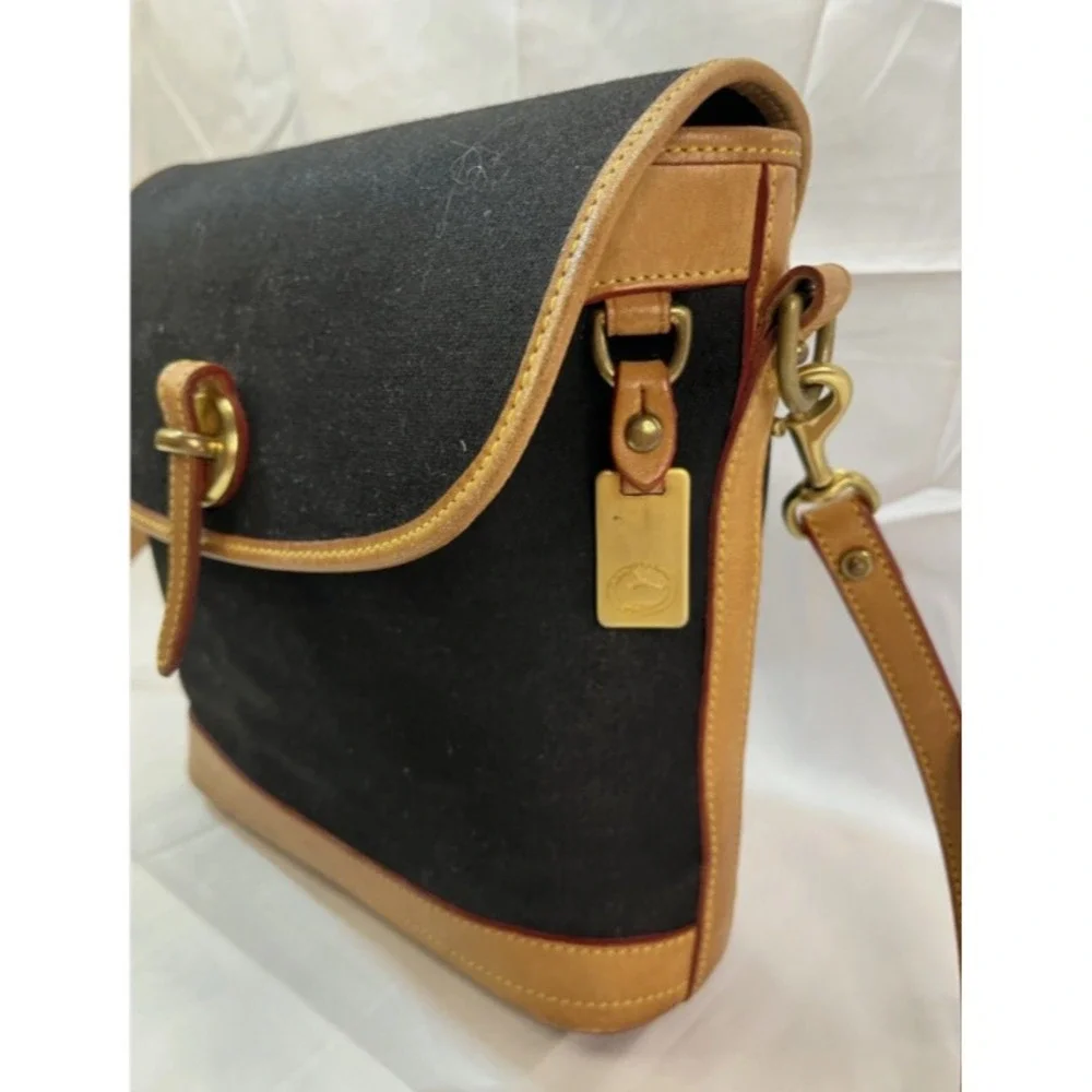 Dooney & Bourke Black Canvas/ Light Tan Leather Medium Flap Crossbody Bag Purse